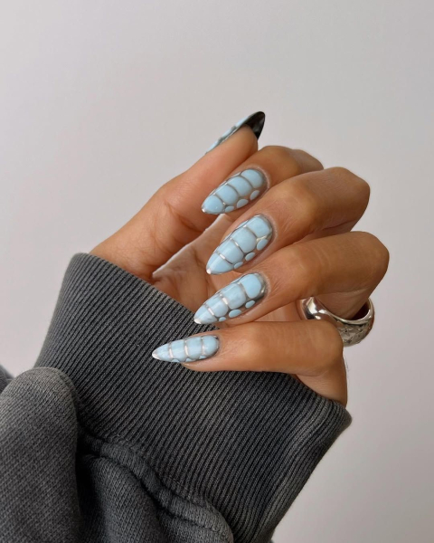 Blue chrome crocprint nails