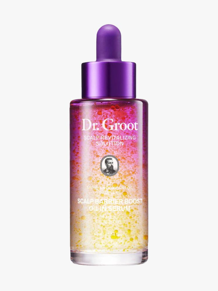Dr. Groot Scalp Barrier Boost Oil in Serum in branded dropper component on a light gray background